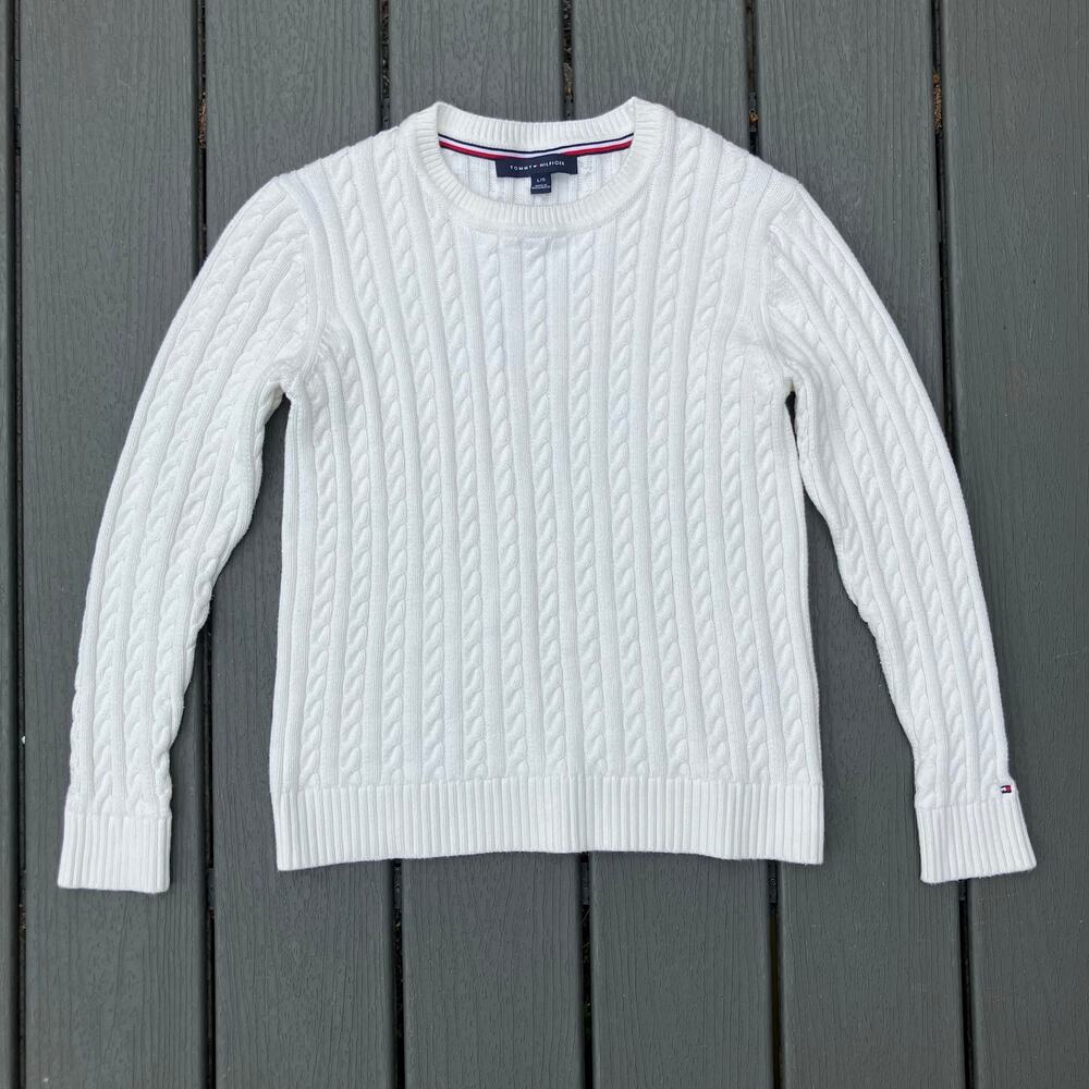 White cable knit cotton sweater Tommy Hilfiger, coastal preppy light academia